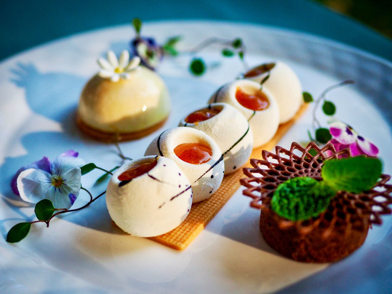 Elegant gourmet dessert with artistic plating and floral accents. Perfect for fine dining themes.